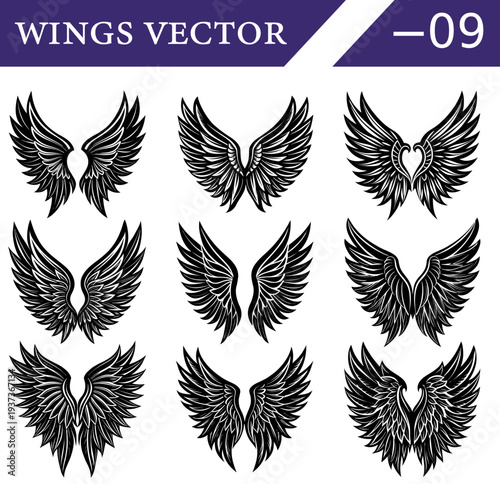 A collection of nine black and white of feathered wings, each with unique and symmetrical feather detailing, and artistic applications Keywords: wings, black and white, emblem, symbol, angel