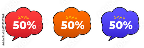 Vibrant cloud speech bubble stickers in red, orange, and purple for 50 percent off discount sale