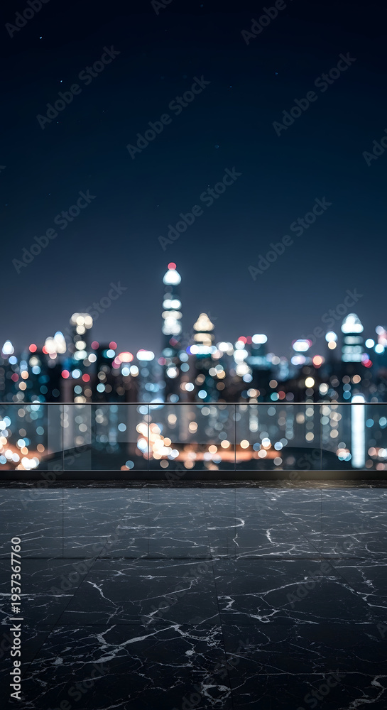 Fototapeta premium modern city skyline at night with glowing lights seen from a rooftop terrace overlooking the urban landscape with bokeh effect