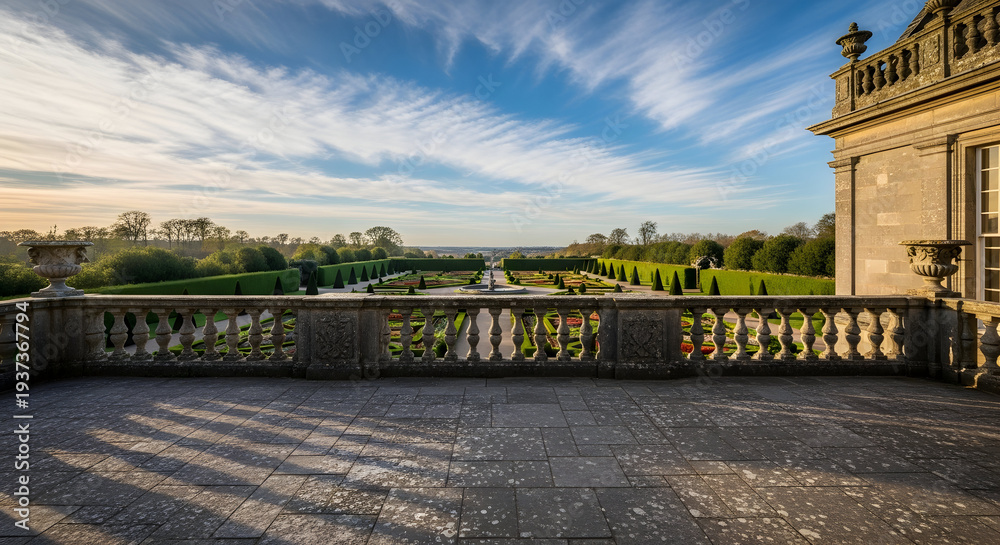 Obraz premium Majestic stone balcony overlooks formal gardens and expansive landscape under a dramatic sky with wispy clouds