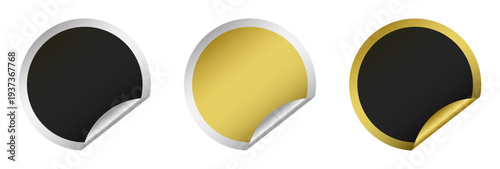 Blank round metallic stickers in black, gold, and silver with peeled corners