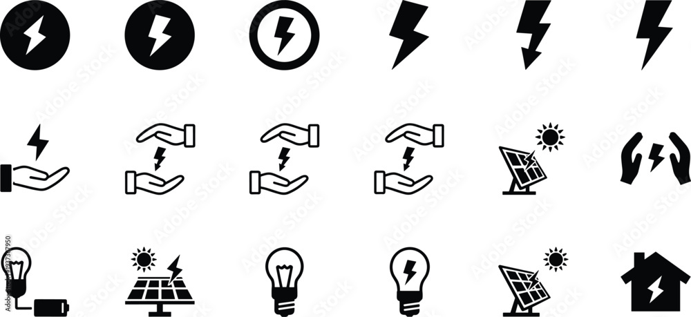 Fototapeta premium electric energy icons set, lightning bolt power solar panel battery light bulb renewable electricity symbol collection for technology