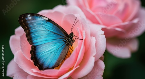 Butterfly on pink rose close up of insect and flower in nature