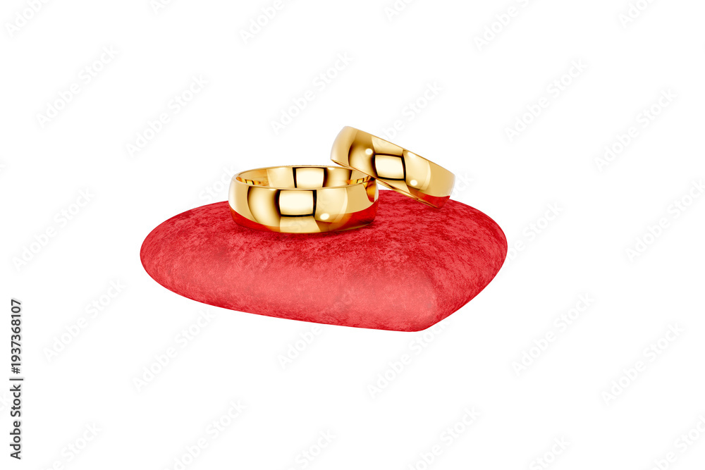Fototapeta premium Two Gold Wedding Rings on a Red Heart Isolated on Transparent Background