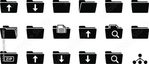 folder file management icons set, upload download search zip directory storage symbol collection for data organization system interface