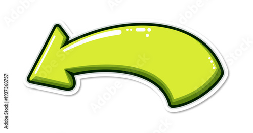 Green curved arrow sticker with white border in cartoon style