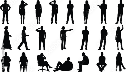 people, silhouette, person, business, standing, sitting, walking, woman, man, human, pose, character, figure, lifestyle, crowd, communication, teamwork, presentation, icons, collection