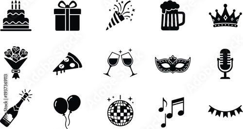 party celebration icons set, birthday cake gift beer crown balloons champagne disco music festive event symbol collection for holiday festival