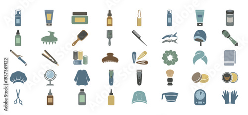 Collection of diverse hair salon and beauty treatment icons for styling and care