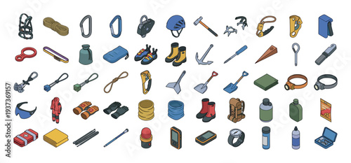 Collection of climbing and mountaineering gear, illustrated in isometric view