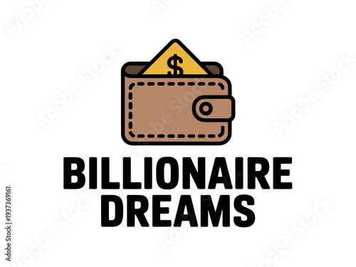 Cartoon wallet with cash, billionaire dreams logo, finance symbol, money icon, wealth illustration