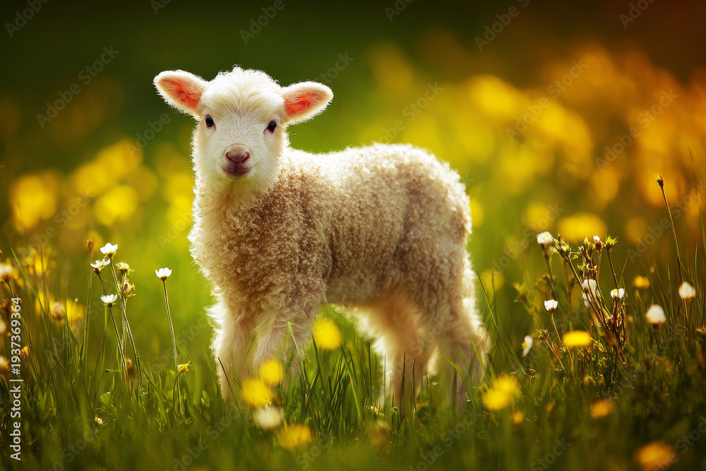Obraz premium Young lamb spring meadow green grass yellow flower sunlight cute animal baby sheep farm field soft wool rural nature young lamb stands bright spring meadow among yellow flower and green grass warm