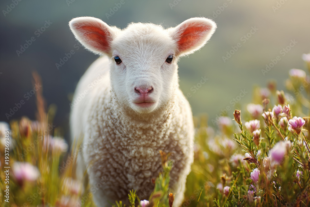 Obraz premium Lamb spring meadow flower nature cute fluffy young farm animal fluffy young lamb stands sunny spring meadow with soft light and delicate flower around, peaceful mood and gentle nature scene