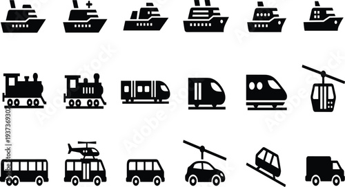 transportation, vehicle, transport, travel, ship, train, helicopter, bus, car, cable car, locomotive, public transport, mobility, transport system, transit, logistics, vehicle icons, travel