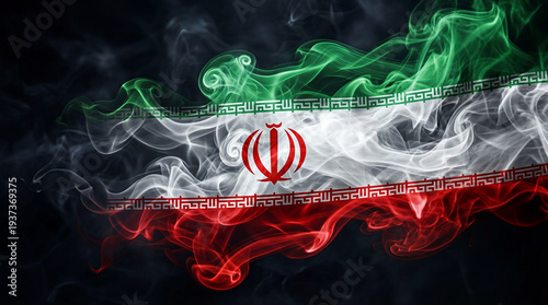 Cinematic and ultrarealistic Iranian Flag with smoke and black background