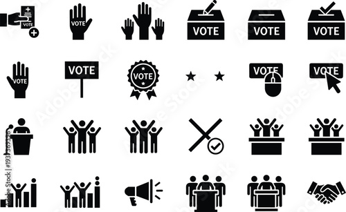 voting election icons set, ballot box vote hand democracy campaign political participation symbol collection for government polling civic rights