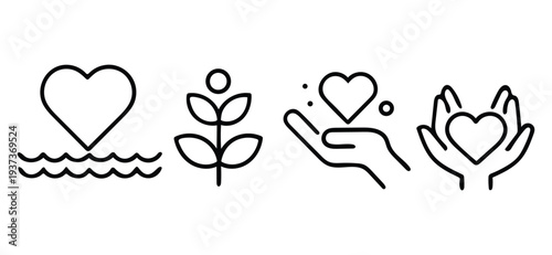 Charity and Human Care Outline Icon Set. Humanitarian Aid, Volunteer Support, and Donation Vector Line Art