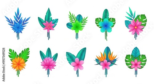 Set of tiny tropical bouquets in white background – tropical elements collection