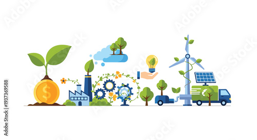A horizontal illustration displays a sequence of interconnected green economy elements, from a coin-sprouting plant to a recycling truck, on a white background.