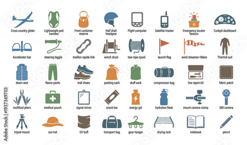 Collection of outdoor adventure and travel gear icons with labels