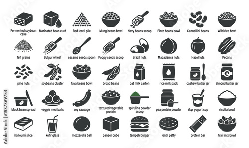 Collection of plant-based food icons and ingredients for healthy eating and vegan diets