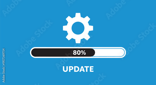 Vector graphic illustration of a software update progress bar with cogwheel icon showing 80% completion on transparent background