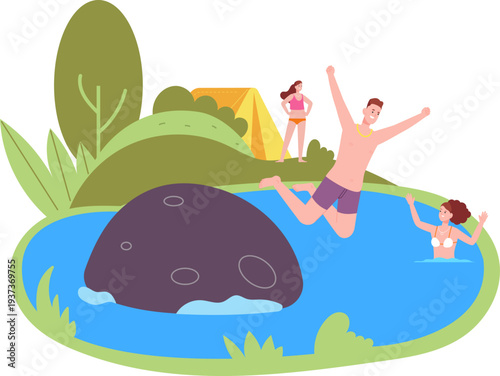 People swim in lake. Summer outdoor activity scene