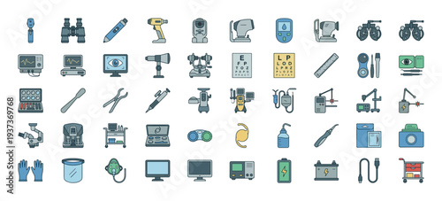 Collection of ophthalmology and medical diagnostic equipment icons