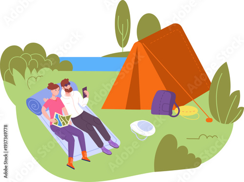 Summertime leisure. Couple rest on campsite together scene