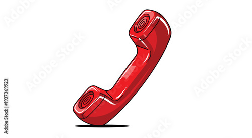 A glossy red telephone receiver, featuring circular ear and mouth pieces, stands vertically on a pristine white background.