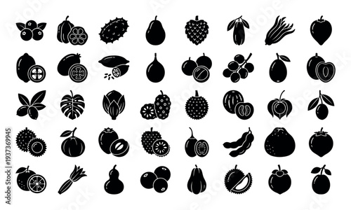 Collection of diverse exotic and common fruits and vegetables in silhouette style