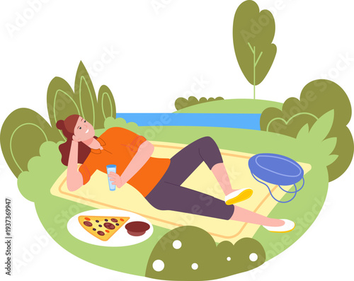 Happy girl on picnic. Summertime leisure color concept