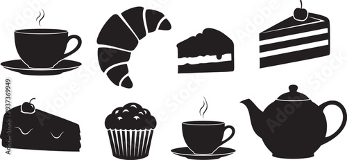 Black and white of baked goods and hot beverages bakery breakfast cake coffee croissant