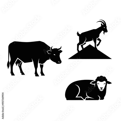Cow and Goats Silhouette Animal Set.