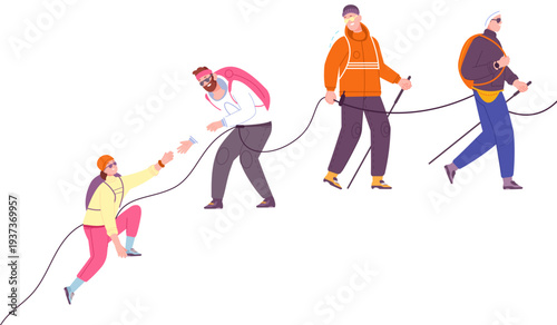 Mountain climbers group on rope together. Teamwork travel people