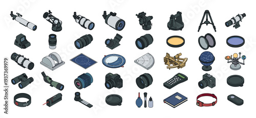 Collection of astronomical equipment and tools for stargazing and observation