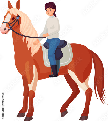Girl horseback. Kid sit in saddle. Horse rider