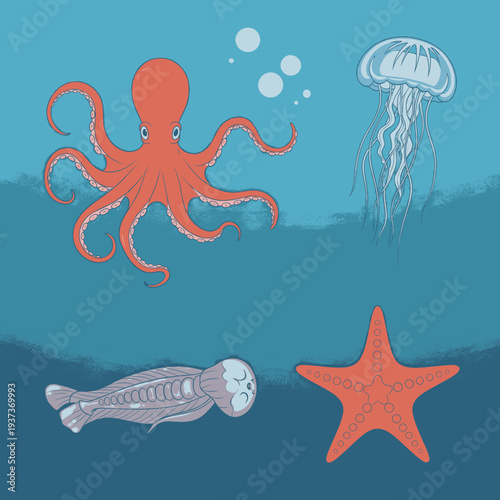 Octopus, Jellyfish, Fish, Starfish Sea Creatures.