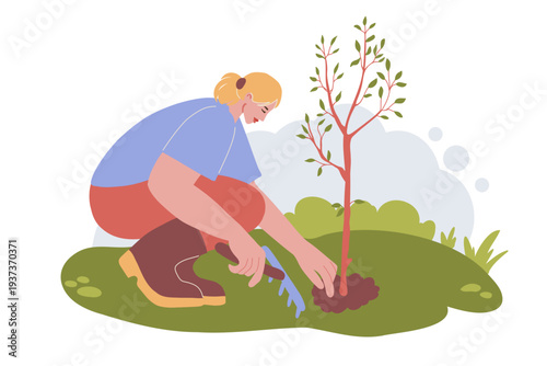 Girl Caring for Young Tree Seedling