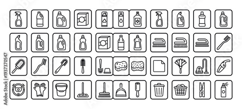 Collection of cleaning supplies and tools icons for household chores and hygiene