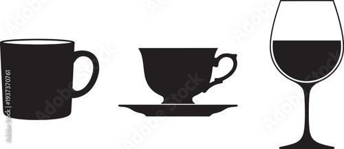 Black silhouettes of coffee mug tea cup and wine glass saucer