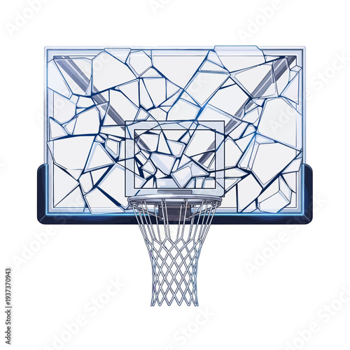 Shattered Basketball Backboard with Hoop and Net on White Background