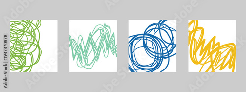 A series of four colorful abstract art panels with swirling patterns