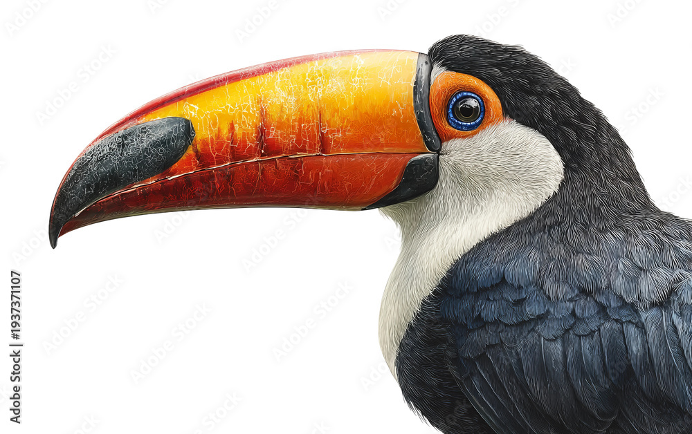 Fototapeta premium Tropical toucan bird with prominent curved beak and striking feathers presented in professional wildlife photography isolated on transparent background PNG
