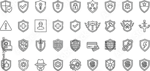 Cyber security shield protection line icons set, data privacy authentication defense outline vector collection for secure digital systems