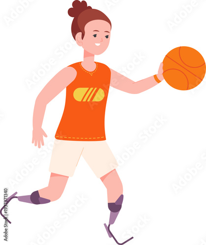 Sport girl with mechanical legs play basketball icon