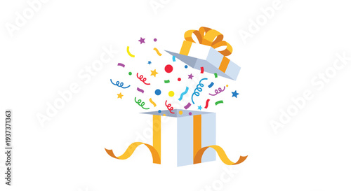 An open white gift box with a large gold bow and trailing ribbons bursts with multicolored stars, curly confetti, and small circular dots against a plain white background.