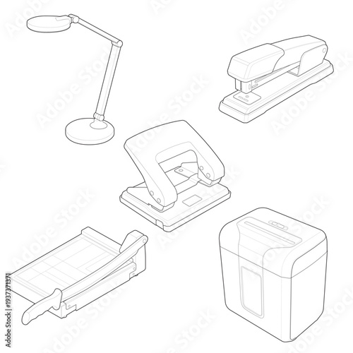 Isometric office paper tools stapler hole punch cutter shredder and desk lamp
