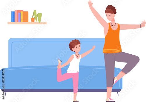 Mother and kid yoga pose together. Wellness exercise