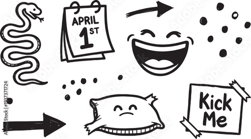 April fools day vector cartoon set of prank objects including snake calendar with date emoji whoopee cushion and kick me sign